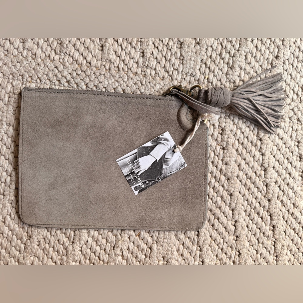 NWT MERSEA GRAY SUEDE ZIPPER CLITCH BAG & TASSEL KEYCHAIN!